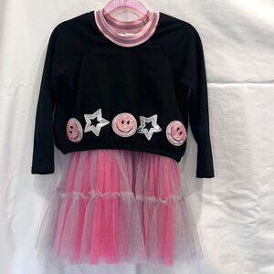 Girls Boutique Outfit – Black Sequin Top & Pink Tulle Tank Dress Set (Size 5)